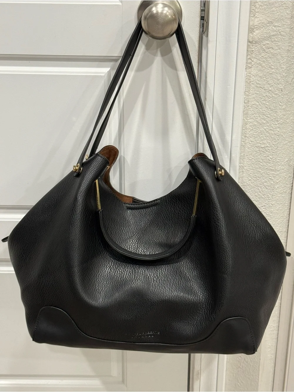 Sondra Robert’s Squared Black Pebble Leather Convertible Hobo Bag
